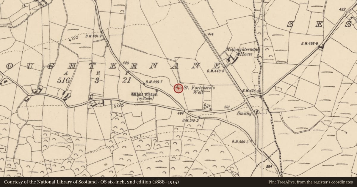 Ordnance Survey six-inch map, 2nd edition (1888–1915) covering the location of Ritual site - holy well, Killoughternane, County Carlow, with a pin at the register's coordinates