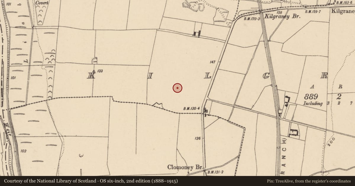 Ordnance Survey six-inch map, 2nd edition (1888–1915) covering the location of Enclosure, Kilgraney, County Carlow, with a pin at the register's coordinates