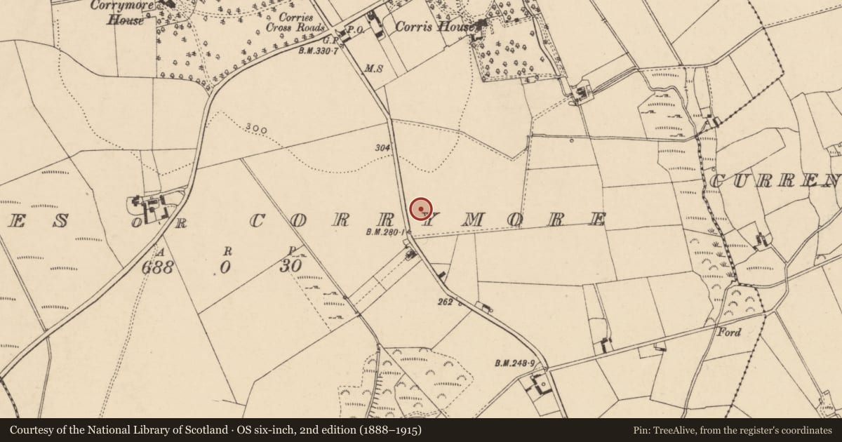 Ordnance Survey six-inch map, 2nd edition (1888–1915) covering the location of Enclosure, Corries Or Corrymore, County Carlow, with a pin at the register's coordinates