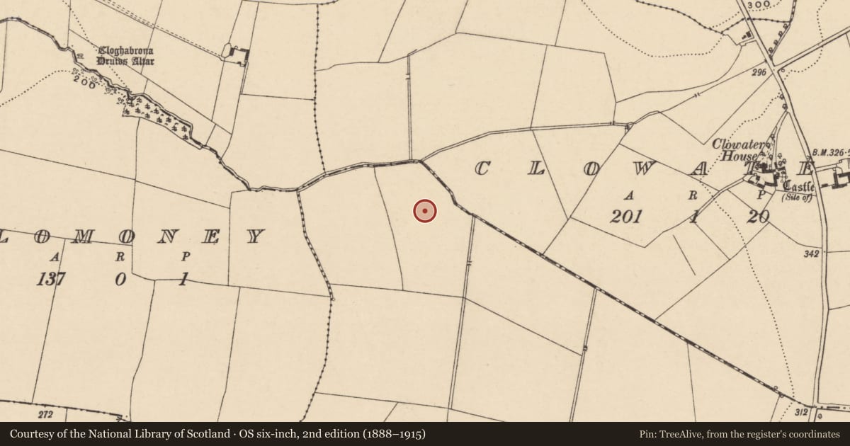 Ordnance Survey six-inch map, 2nd edition (1888–1915) covering the location of Enclosure, Kilcumney, County Carlow, with a pin at the register's coordinates