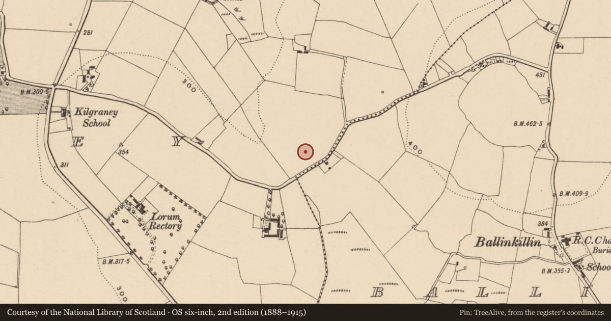 Ordnance Survey six-inch map, 2nd edition (1888–1915) covering the location of Enclosure, Kilcumney, County Carlow, with a pin at the register's coordinates