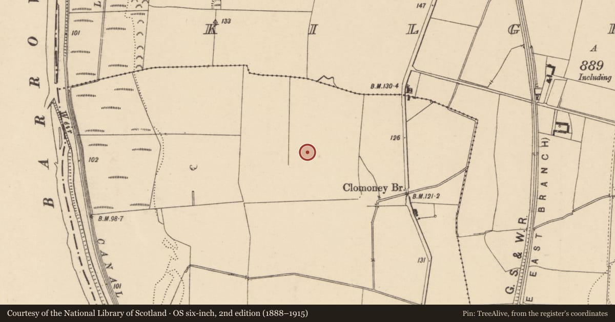 Ordnance Survey six-inch map, 2nd edition (1888–1915) covering the location of Ring-ditch, Kilgraney, County Carlow, with a pin at the register's coordinates