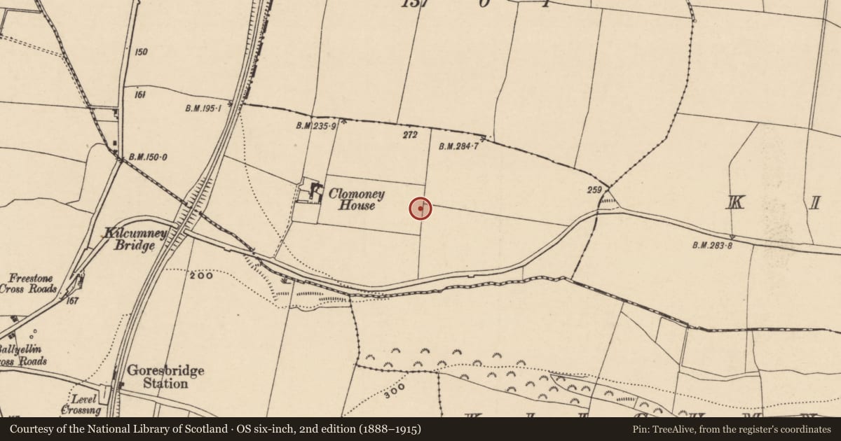 Ordnance Survey six-inch map, 2nd edition (1888–1915) covering the location of Enclosure, Clomoney, County Carlow, with a pin at the register's coordinates
