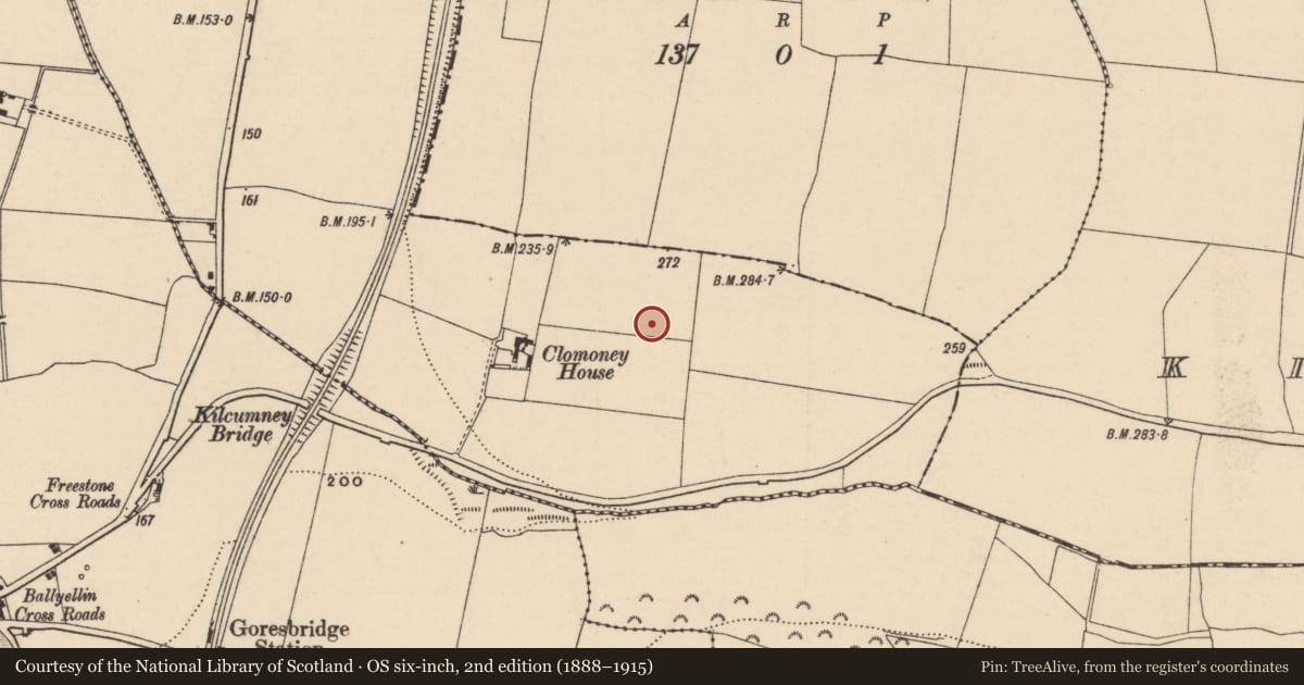Ordnance Survey six-inch map, 2nd edition (1888–1915) covering the location of Ring-ditch, Clomoney, County Carlow, with a pin at the register's coordinates