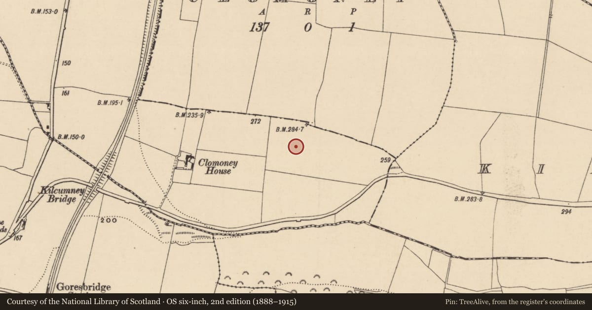 Ordnance Survey six-inch map, 2nd edition (1888–1915) covering the location of Enclosure - large enclosure, Clomoney, County Carlow, with a pin at the register's coordinates