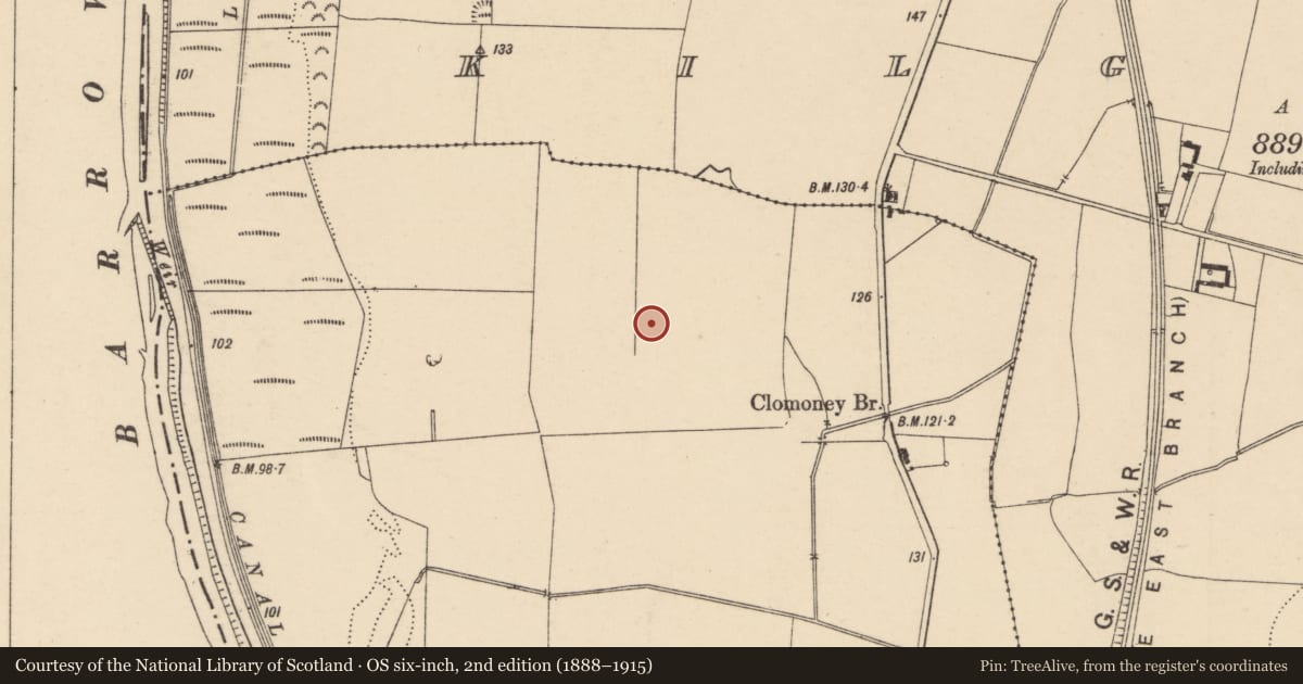 Ordnance Survey six-inch map, 2nd edition (1888–1915) covering the location of Enclosure, Kilgraney, County Carlow, with a pin at the register's coordinates