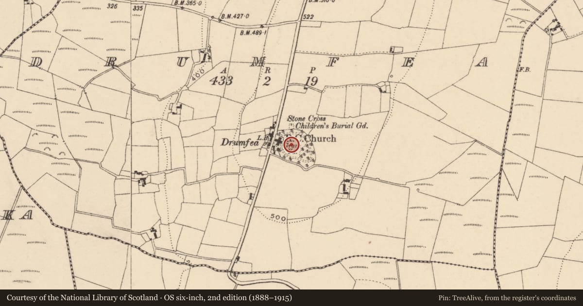 Ordnance Survey six-inch map, 2nd edition (1888–1915) covering the location of Church, Drumfea, County Carlow, with a pin at the register's coordinates