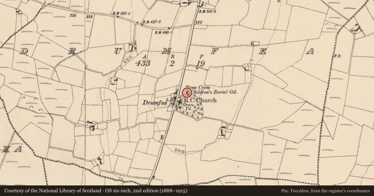 Ordnance Survey six-inch map, 2nd edition (1888–1915) covering the location of Cross, Drumfea, County Carlow, with a pin at the register's coordinates