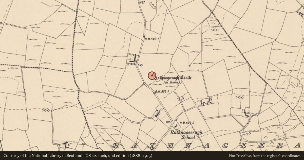 Ordnance Survey six-inch map, 2nd edition (1888–1915) covering the location of Bawn, Rathnageeragh, County Carlow, with a pin at the register's coordinates