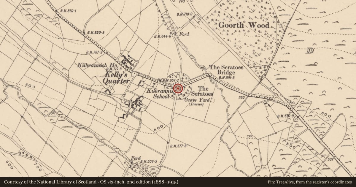 Ordnance Survey six-inch map, 2nd edition (1888–1915) covering the location of Enclosure, Kilbrannish North, Kilbrannish South, County Carlow, with a pin at the register's coordinates