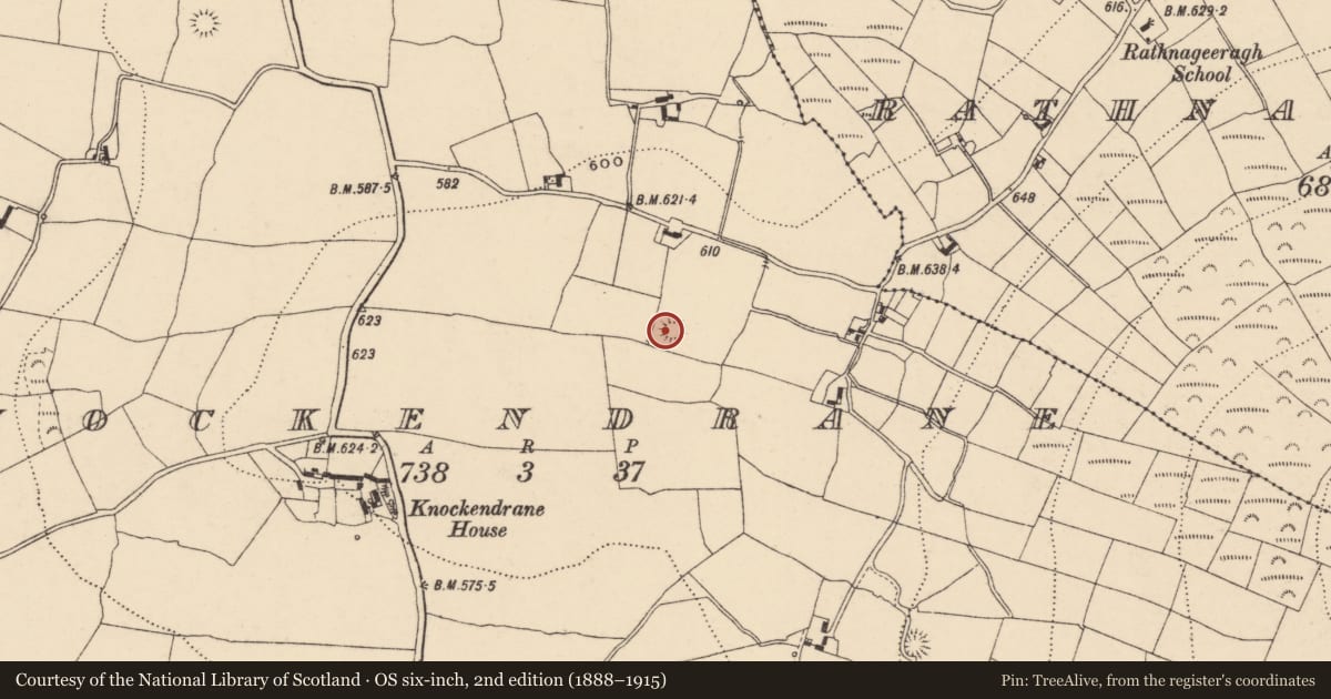 Ordnance Survey six-inch map, 2nd edition (1888–1915) covering the location of Enclosure, Knockendrane, County Carlow, with a pin at the register's coordinates