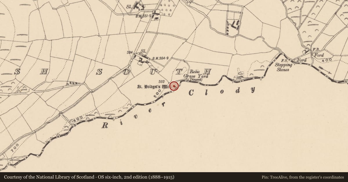 Ordnance Survey six-inch map, 2nd edition (1888–1915) covering the location of Ritual site - holy well, Kilbrannish South, County Carlow, with a pin at the register's coordinates