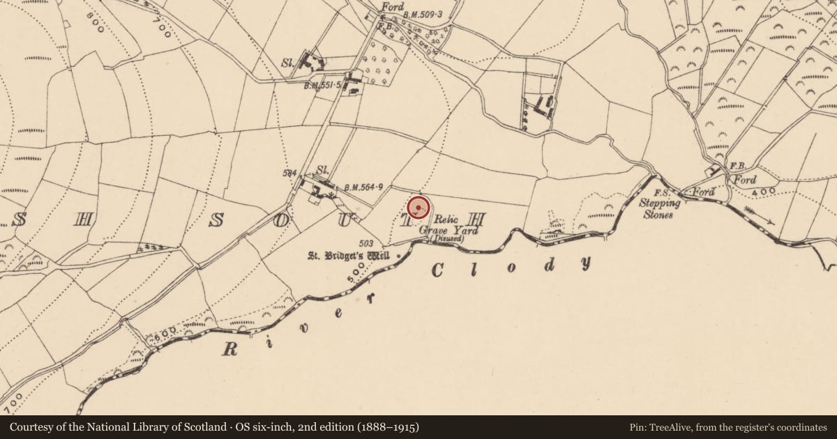 Ordnance Survey six-inch map, 2nd edition (1888–1915) covering the location of Cross, Kilbrannish South, County Carlow, with a pin at the register's coordinates