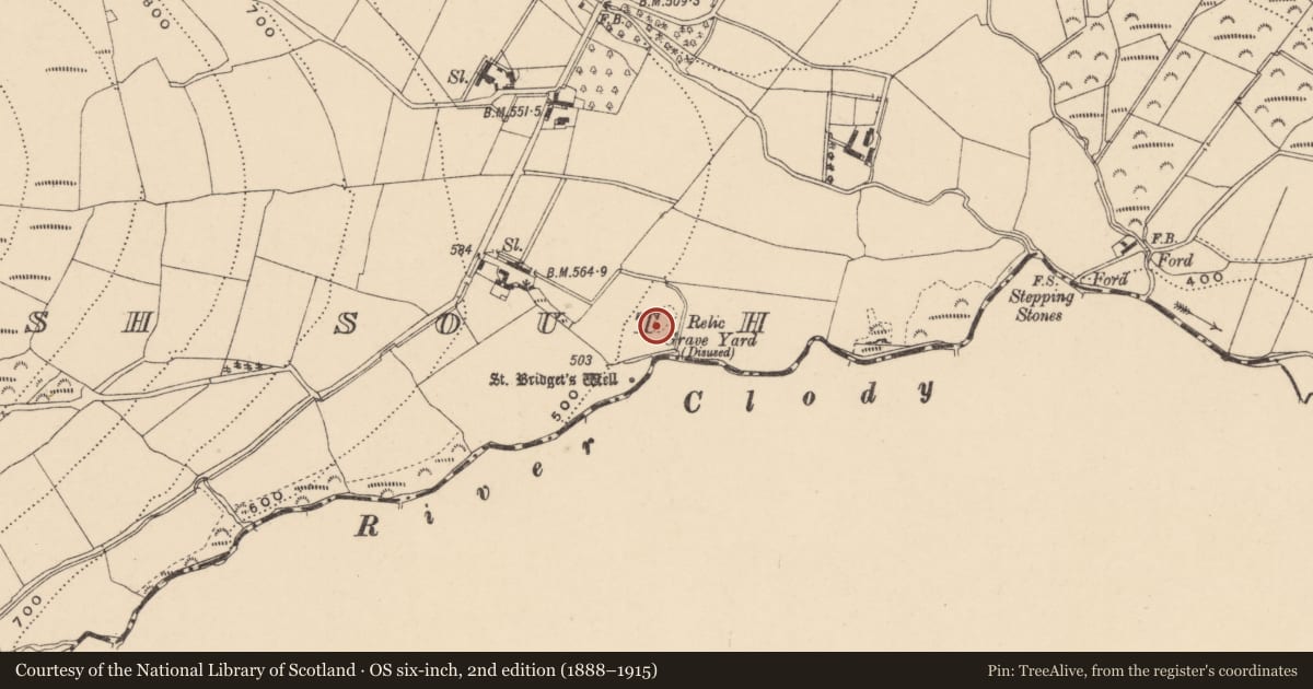 Ordnance Survey six-inch map, 2nd edition (1888–1915) covering the location of Graveslab, Kilbrannish South, County Carlow, with a pin at the register's coordinates