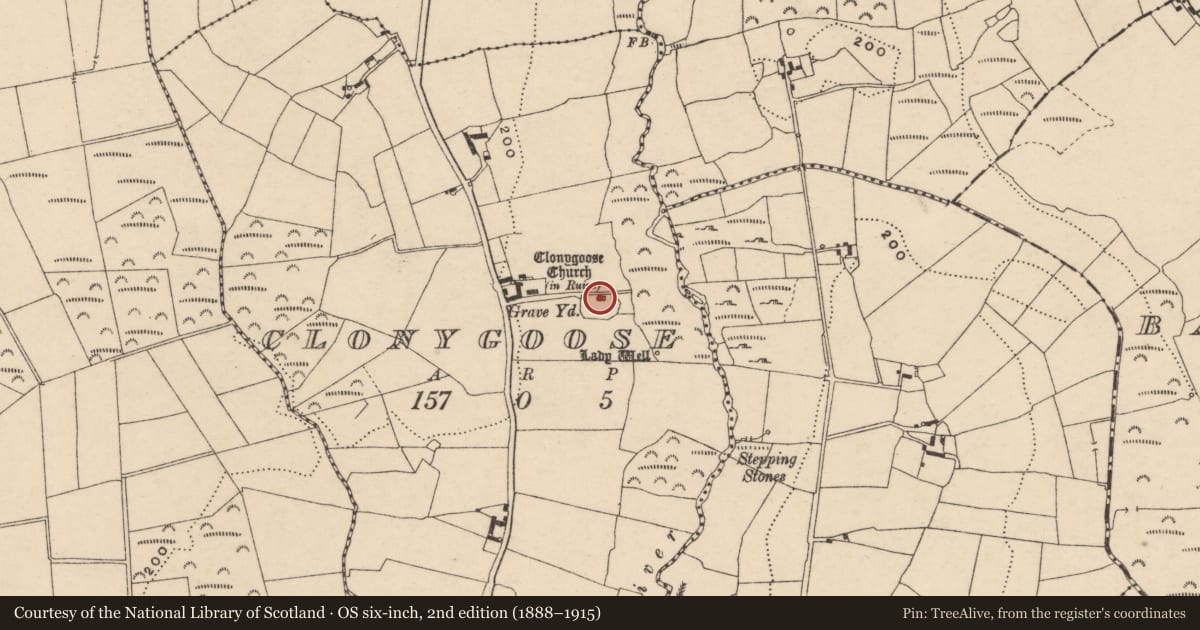 Ordnance Survey six-inch map, 2nd edition (1888–1915) covering the location of Church, Clonygoose, County Carlow, with a pin at the register's coordinates