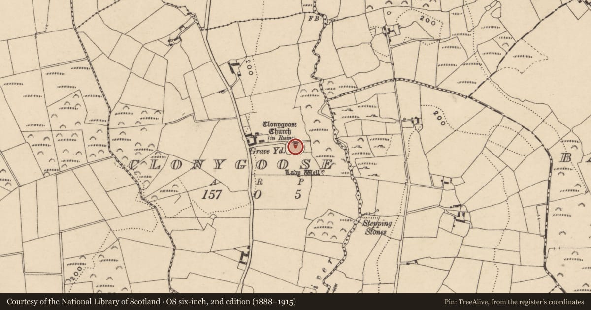 Ordnance Survey six-inch map, 2nd edition (1888–1915) covering the location of Cross, Clonygoose, County Carlow, with a pin at the register's coordinates