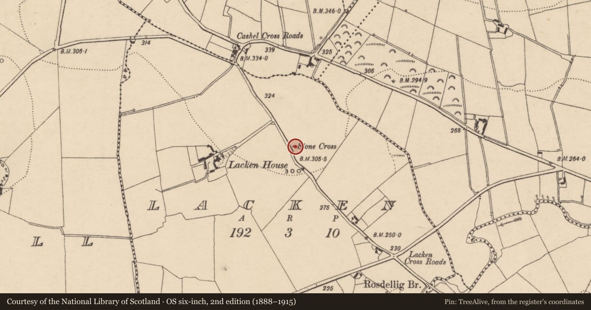 Ordnance Survey six-inch map, 2nd edition (1888–1915) covering the location of Cross, Lacken, County Carlow, with a pin at the register's coordinates