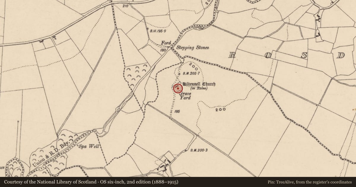 Ordnance Survey six-inch map, 2nd edition (1888–1915) covering the location of Graveyard, Ballinvally And Kiltennell, County Carlow, with a pin at the register's coordinates
