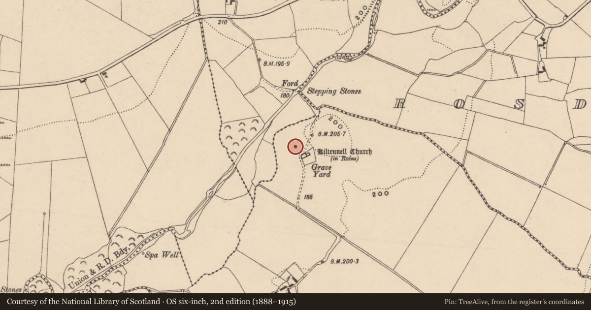 Ordnance Survey six-inch map, 2nd edition (1888–1915) covering the location of Enclosure, Ballinvally And Kiltennell, County Carlow, with a pin at the register's coordinates