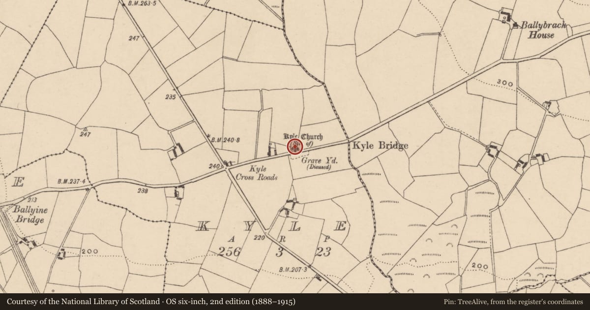 Ordnance Survey six-inch map, 2nd edition (1888–1915) covering the location of Church, Kyle, County Carlow, with a pin at the register's coordinates