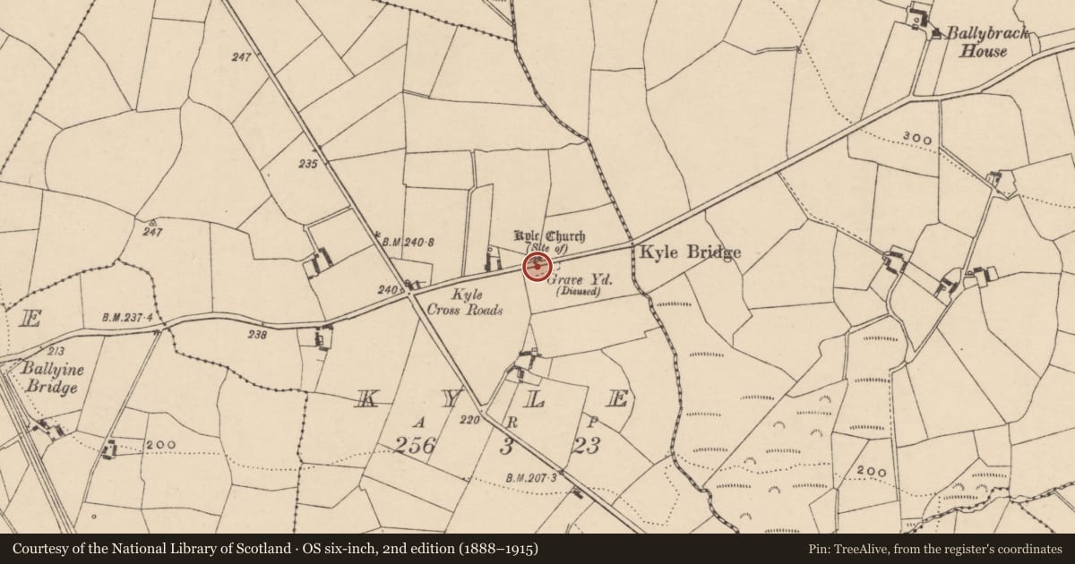 Ordnance Survey six-inch map, 2nd edition (1888–1915) covering the location of Graveyard, Kyle, County Carlow, with a pin at the register's coordinates