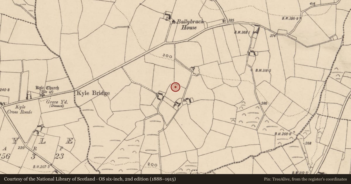 Ordnance Survey six-inch map, 2nd edition (1888–1915) covering the location of Earthwork, Ballybrack, County Carlow, with a pin at the register's coordinates