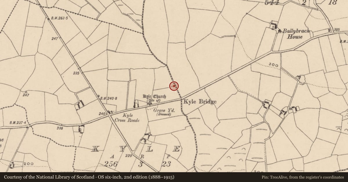 Ordnance Survey six-inch map, 2nd edition (1888–1915) covering the location of Mound, Kyle, County Carlow, with a pin at the register's coordinates