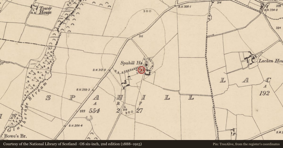 Ordnance Survey six-inch map, 2nd edition (1888–1915) covering the location of Rock art (present location), Spahill, County Carlow, with a pin at the register's coordinates
