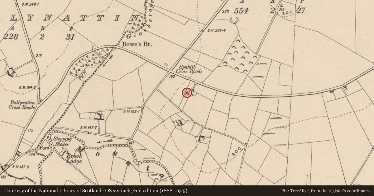 Ordnance Survey six-inch map, 2nd edition (1888–1915) covering the location of Enclosure, Spahill, County Carlow, with a pin at the register's coordinates