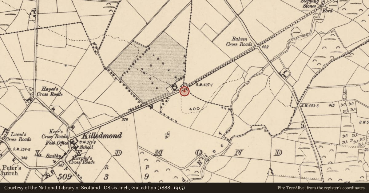 Ordnance Survey six-inch map, 2nd edition (1888–1915) covering the location of Earthwork, Killedmond, County Carlow, with a pin at the register's coordinates