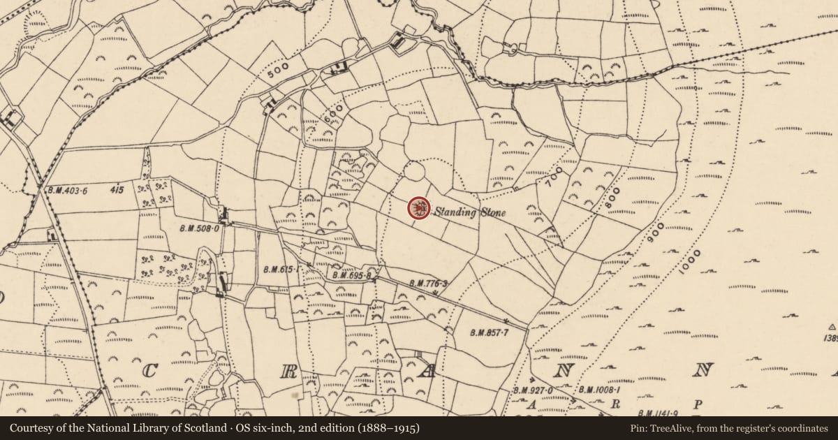 Ordnance Survey six-inch map, 2nd edition (1888–1915) covering the location of Standing stone, Crannagh, County Carlow, with a pin at the register's coordinates