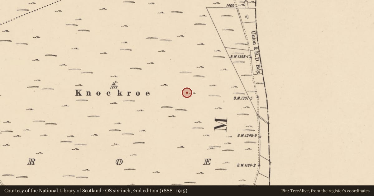 Ordnance Survey six-inch map, 2nd edition (1888–1915) covering the location of Megalithic structure, Knockroe, County Carlow, with a pin at the register's coordinates
