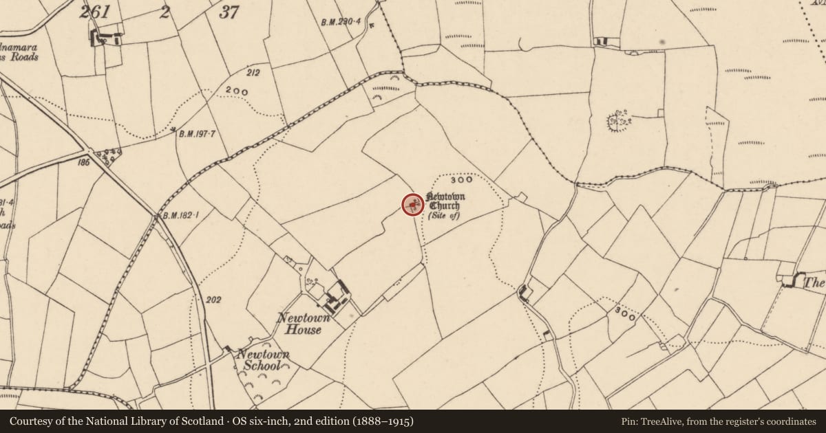 Ordnance Survey six-inch map, 2nd edition (1888–1915) covering the location of Church, Newtown, County Carlow, with a pin at the register's coordinates