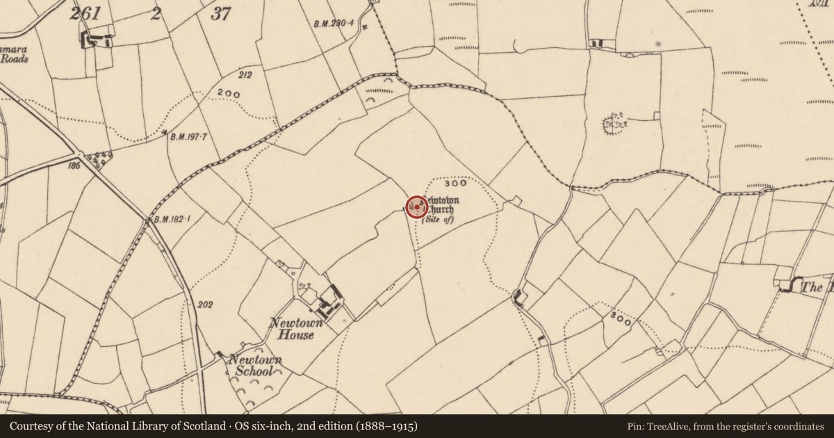 Ordnance Survey six-inch map, 2nd edition (1888–1915) covering the location of Bullaun stone, Newtown, County Carlow, with a pin at the register's coordinates