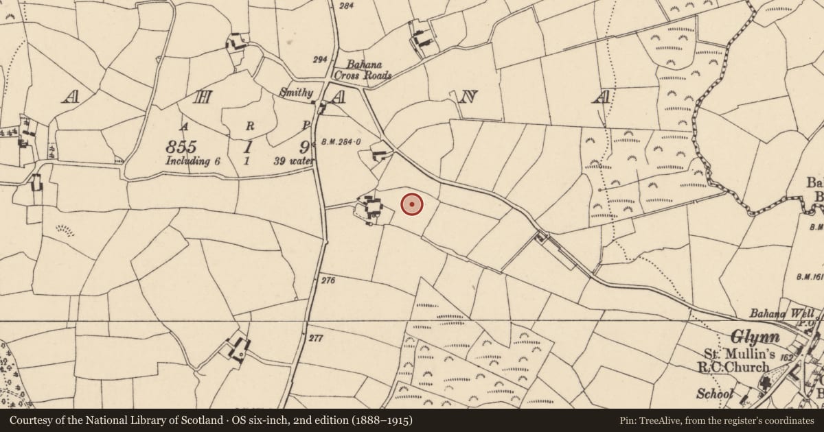 Ordnance Survey six-inch map, 2nd edition (1888–1915) covering the location of Enclosure, Bahana, County Carlow, with a pin at the register's coordinates