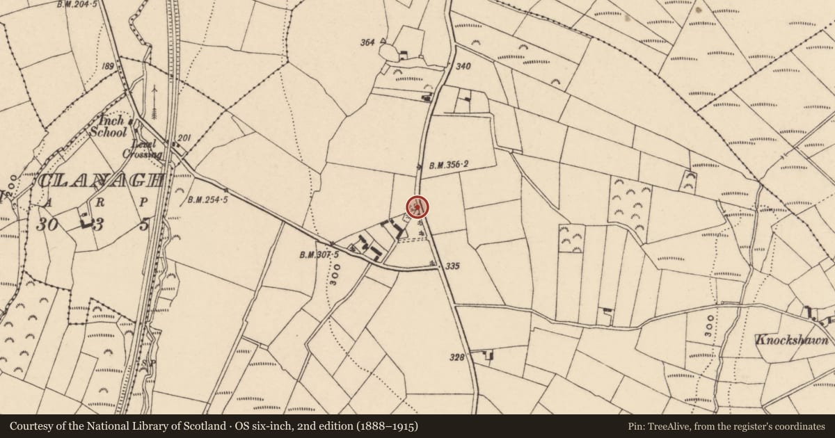 Ordnance Survey six-inch map, 2nd edition (1888–1915) covering the location of Earthwork, Ballyglisheen, County Carlow, with a pin at the register's coordinates