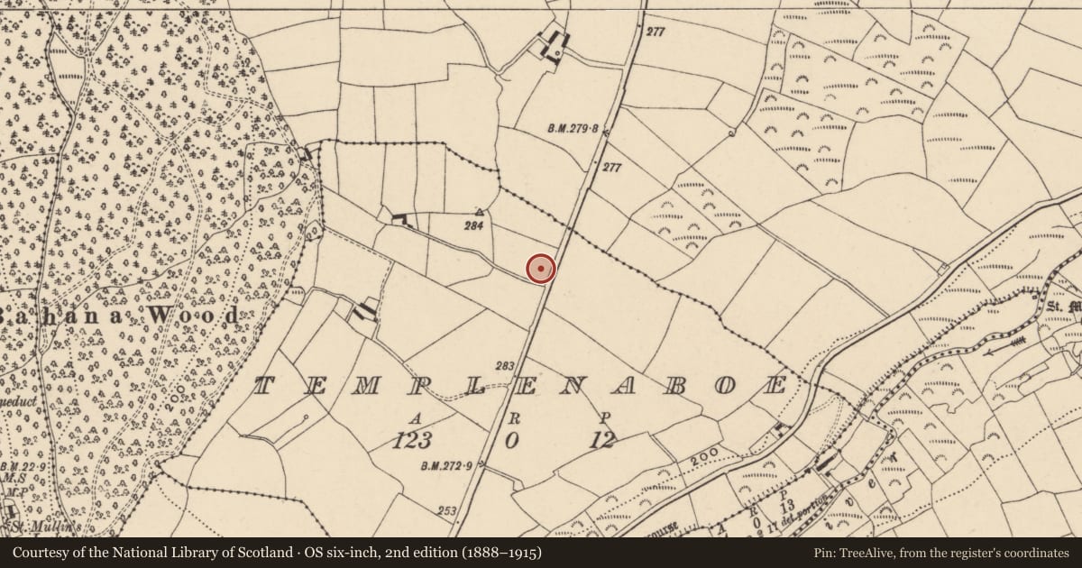Ordnance Survey six-inch map, 2nd edition (1888–1915) covering the location of Earthwork, Templenaboe, County Carlow, with a pin at the register's coordinates