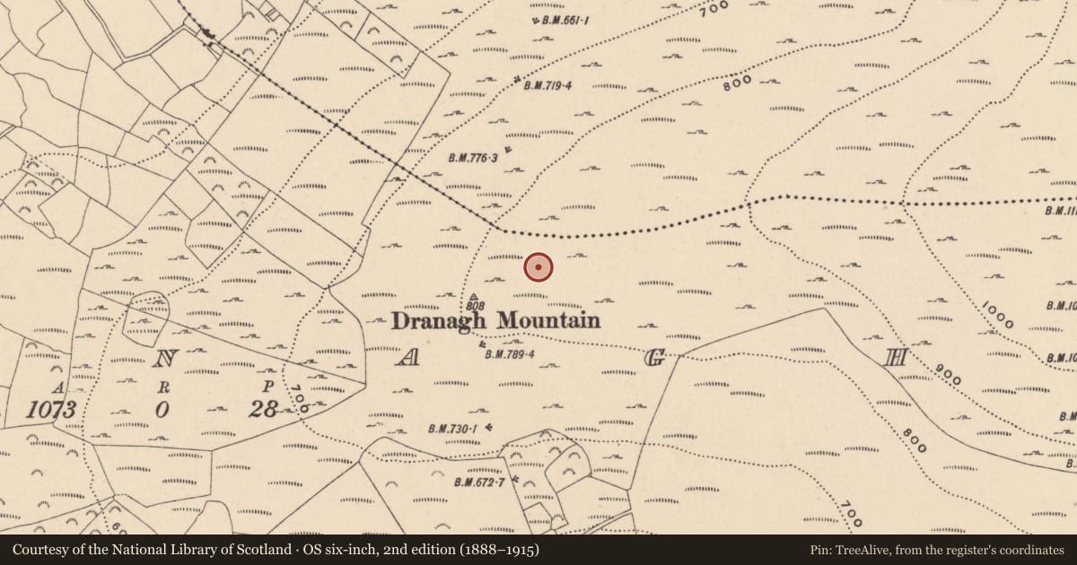 Ordnance Survey six-inch map, 2nd edition (1888–1915) covering the location of Cairn - unclassified, Dranagh, County Carlow, with a pin at the register's coordinates