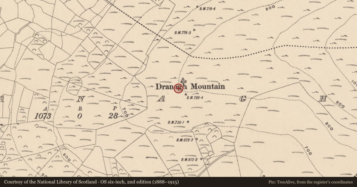 Ordnance Survey six-inch map, 2nd edition (1888–1915) covering the location of Cairn - unclassified, Dranagh, County Carlow, with a pin at the register's coordinates