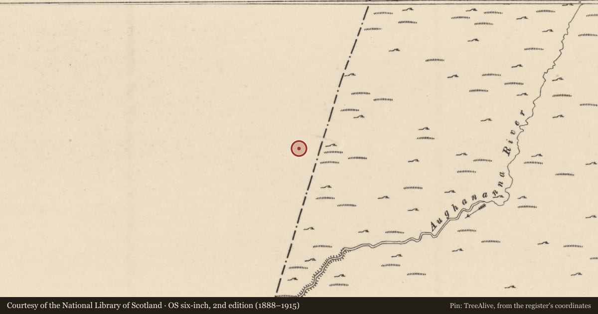 Ordnance Survey six-inch map, 2nd edition (1888–1915) covering the location of Hut site, Dranagh, County Carlow, with a pin at the register's coordinates