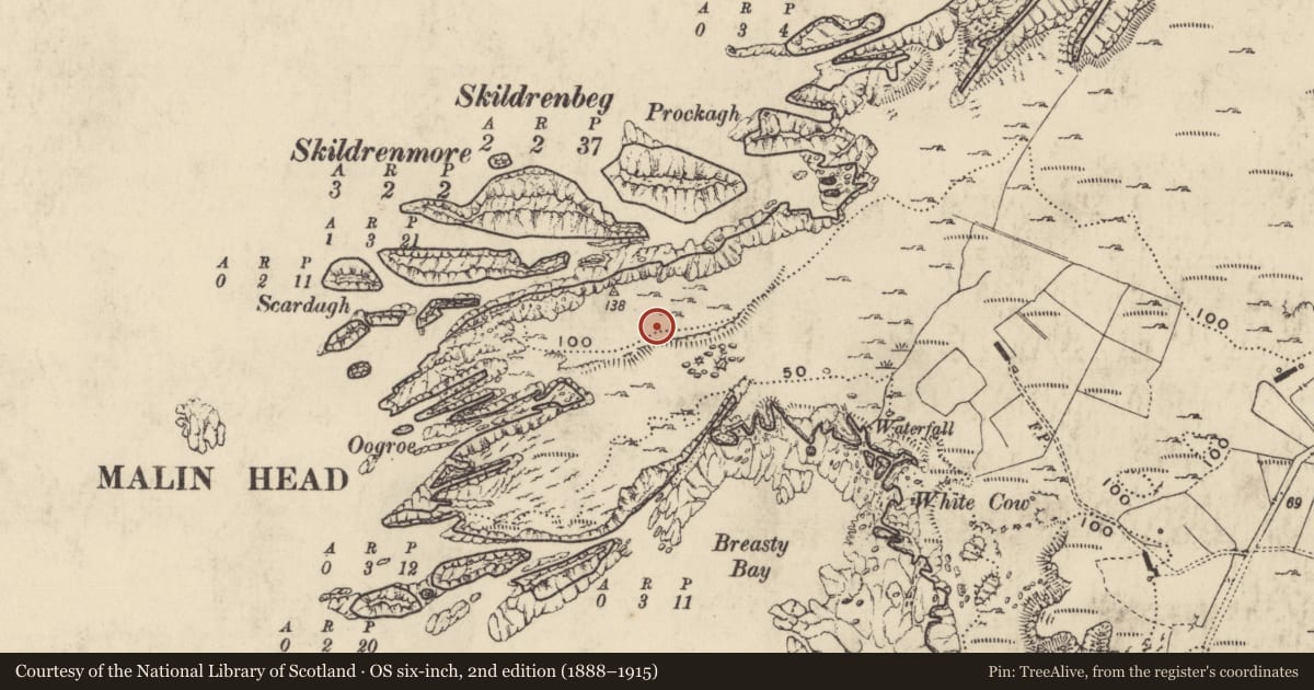 Ordnance Survey six-inch map, 2nd edition (1888–1915) covering the location of Hut site, Ardmalin, County Donegal, with a pin at the register's coordinates