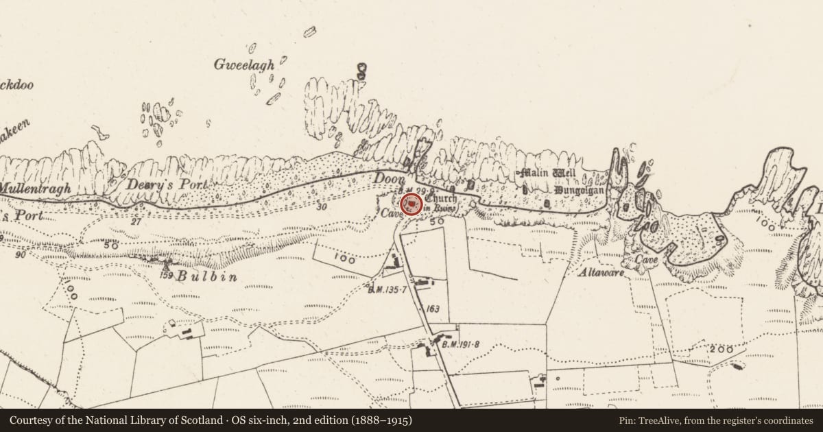Ordnance Survey six-inch map, 2nd edition (1888–1915) covering the location of Church, Ballygorman, County Donegal, with a pin at the register's coordinates