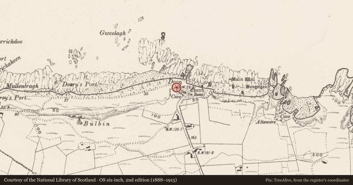 Ordnance Survey six-inch map, 2nd edition (1888–1915) covering the location of Hut site, Ballygorman, County Donegal, with a pin at the register's coordinates