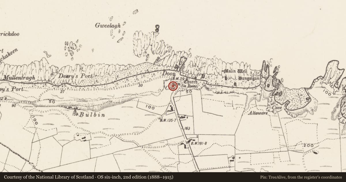 Ordnance Survey six-inch map, 2nd edition (1888–1915) covering the location of Cave, Ballygorman, County Donegal, with a pin at the register's coordinates
