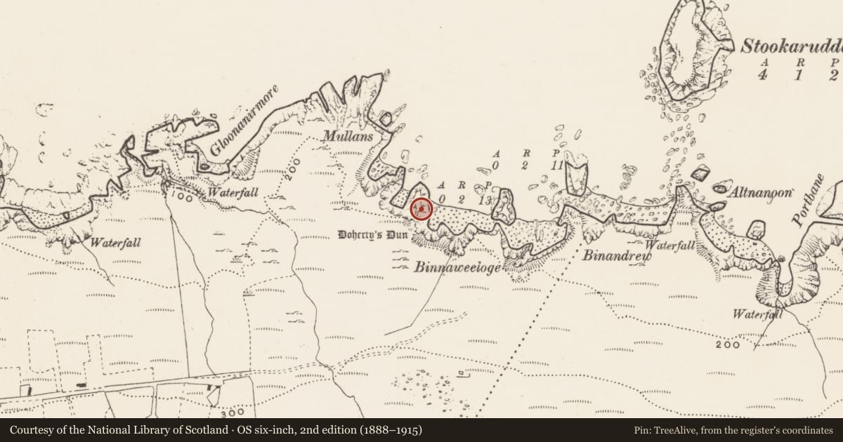 Ordnance Survey six-inch map, 2nd edition (1888–1915) covering the location of Promontory fort - coastal, Ballygorman, County Donegal, with a pin at the register's coordinates