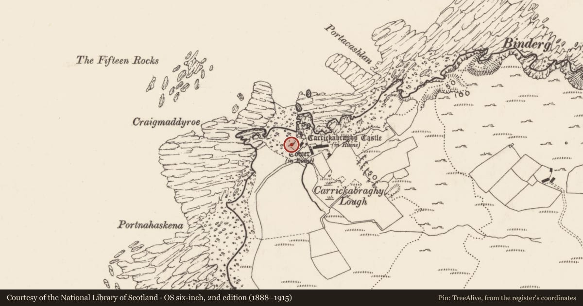 Ordnance Survey six-inch map, 2nd edition (1888–1915) covering the location of Promontory fort - coastal, Carrickabraghy, County Donegal, with a pin at the register's coordinates
