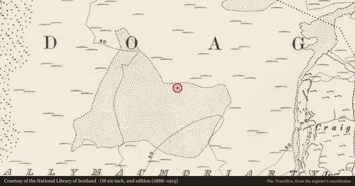 Ordnance Survey six-inch map, 2nd edition (1888–1915) covering the location of Midden, Ballymacmoriarty, County Donegal, with a pin at the register's coordinates