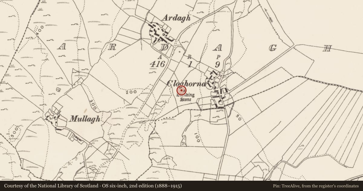Ordnance Survey six-inch map, 2nd edition (1888–1915) covering the location of Standing stone, Ardagh, County Donegal, with a pin at the register's coordinates