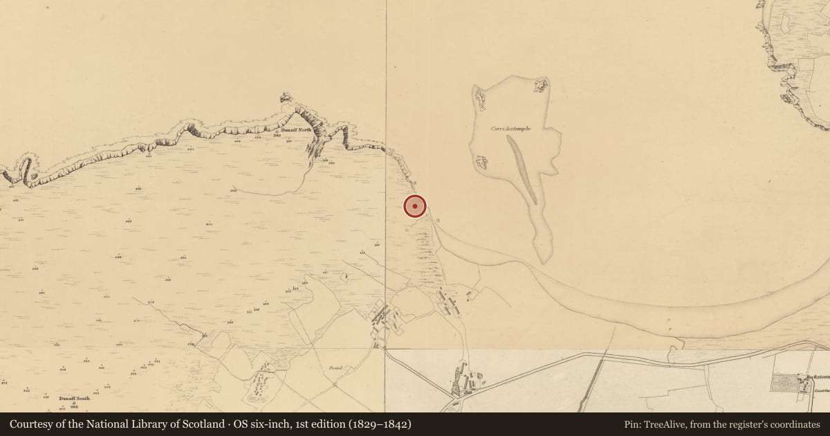 Ordnance Survey six-inch map, 1st edition (1829–1842) covering the location of Penal Mass station, Dunaff, County Donegal, with a pin at the register's coordinates
