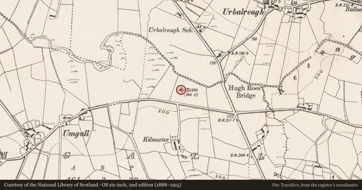 Ordnance Survey six-inch map, 2nd edition (1888–1915) covering the location of Megalithic structure, Umgall, County Donegal, with a pin at the register's coordinates